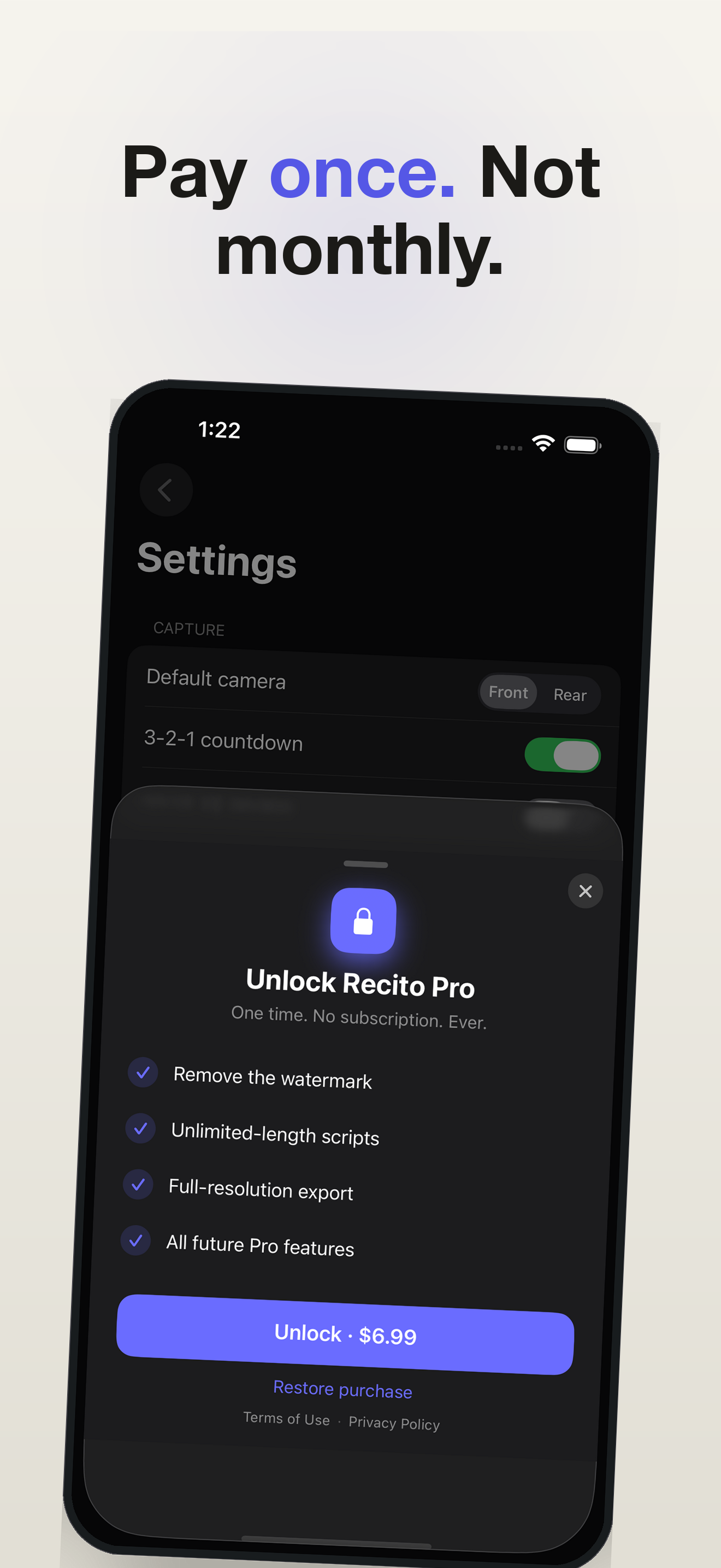 Pay once, not monthly — one-time unlock